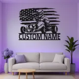 Arte mural LED de metal de piloto de karting | Letrero personalizado con nombre para carreras | Decoración con bandera americana para garaje, cueva del hombre o habitación de niño