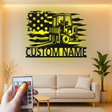 Enseigne en métal personnalisée pour chariot élévateur avec LED | Décoration industrielle avec prénom | Décor de garage et cadeau pour lui | Décoration murale drapeau américain