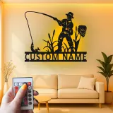 Cartel de pesca personalizado con LED | Arte mural de metal con nombre personalizado | Decoración rústica de casa de campo y regalo para pescador