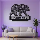 Arte mural de oso mamá | Cartel LED personalizado para cabaña de mamá | Decoración rústica de vida salvaje floral