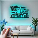 Arte mural de lineman | Cartel LED personalizado de camión de cubo | Decoración patriótica con bandera americana para garaje | Placa de nombre personalizada