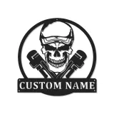Cartel Personalizado de Calavera de Fontanero | Arte Mural LED de Metal Personalizado | Decoración de Garaje de Mecánico | Regalo de Cueva de Hombre Gótico
