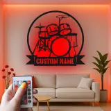 Custom Drum Set Led Light Metal Wall Art Personalized Musician Gift Studio or Music Room Decor 3