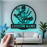 Custom Barber Shop Led Light Metal Wall Art Personalized Gift for Barbers Salon Decor with Name