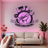 Cartel LED de Garaje Personalizado | Decoración Mural de Metal para Mecánicos | Mano Sosteniendo Llave Inglesa | Regalos para Él