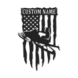 Cartel de metal personalizado de moto de nieve | Arte mural LED de bandera americana | Decoración de cueva de hombre personalizada y regalo patriótico para motorista