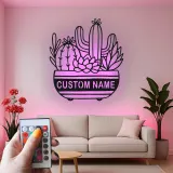 Cartel de metal personalizado con luz LED de suculenta de cactus, regalo de inauguración para decoración del salón del desierto