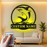 Décoration murale LED en métal requin blanc | Panneau personnalisé avec prénom | Déco prédateur marin pour bureau et man cave | Cadeau vie marine