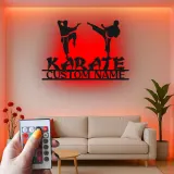 Insegna LED personalizzata per Karate | Arte in metallo personalizzata | Decorazione per dojo di arti marziali | Regalo silhouette per combattenti