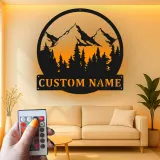 Personalized Mountain Metal Wall Art | LED Backlit Nature Scene for Cabin Decor | Custom Family Name Sign