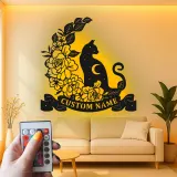 Décoration murale en métal personnalisée Chat et Fleurs avec rétroéclairage LED Cadeau pour amoureux des chats Décor de chambre ou de salon