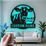 Décoration murale en métal LED personnalisée Ferme Vache - Cadeau pour agriculteur - Décor de grange rustique 1