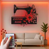Cartel de máquina de coser personalizado | Decoración mural de metal LED personalizada | Decoración para el cuarto de costura
