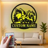 Cartel de metal personalizado de lobo y montaña con luz LED Regalo para amantes de la naturaleza Decoración rústica de cabaña