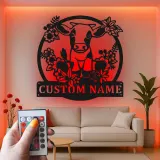 Insegna in metallo LED personalizzata con mucca e fiori - Regalo per fattoria - Decorazione rustica per cucina