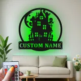Letrero LED de casa encantada | Decoración mural de metal personalizada | Decoración de Halloween con apellido personalizado | Iluminación espeluznante para exterior y porche