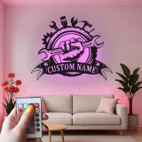 Cartel LED personalizado de mecánico | Arte mural de metal para garaje | Decoración personalizada de puño de llave | Señalización industrial para cuevas de hombres | Regalo para papá