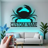 Cartel de metal personalizado de cangrejo con luz LED, regalo costero, decoración de casa de playa para amantes del océano