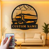 Personalized Trucker LED Sign | Custom Semi Truck Metal Wall Art | Big Rig Silhouette for Man Cave | Gift for Driver