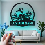 Cartel de metal LED de familia de patos personalizado Regalo para amantes de la naturaleza Decoración de vida silvestre