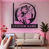 Enseigne de pêche personnalisée avec LED | Décoration murale en métal personnalisée pour pêcheurs | Cadeau décoratif pour maison de lac et chalet