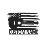 Insegna in metallo Chitarra e bandiera americana | Arte murale LED personalizzata per musicisti | Decorazione patriottica per casa e studio