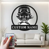 Panneau Mécanicien Crâne Personnalisé | Décoration Murale en Métal Rétroéclairée | Décor de Garage Personnalisé pour Lui | Cadeau Motard