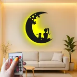 Art mural LED en métal Fille et chat | Panneau silhouette lune et étoiles | Déco rétroéclairée pour chambre bébé et chambre | Cadeau personnalisé pour amoureuse des chats