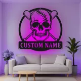 Cartel de metal personalizado de calavera de béisbol con luz LED, regalo único para aficionados al béisbol, decoración para sala de juegos