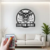 Insegna LED con Teschio per Meccanico | Arte Murale in Metallo Personalizzata per Garage | Decorazione per Biker e Man Cave con Luci RGB