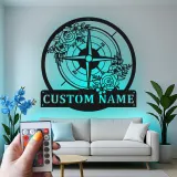 Décoration murale en métal personnalisée avec rétroéclairage LED - Rose des vents - Cadeau de mariage personnalisé - Décor nautique pour salon