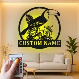 Custom Toucan Metal Sign | Personalized LED Wall Art with Hibiscus | Tropical Patio & Nursery Decor | Exotic Bird Lover Gift