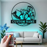 Décoration murale en métal personnalisée avec rétroéclairage Bulldozer - Cadeau pour passionnés de construction - Décor de garage ou atelier