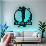 Insegna in metallo personalizzata per golfista con LED | Targa nome golf su misura | Decorazione murale per home bar e regalo per papà