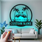 Cartel de metal LED de flamenco | Cartel tropical personalizado | Decoración de casa de playa y salón a medida | Luz de palmera costera