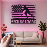 Personalized Hockey Player Metal Sign | Custom Name LED Wall Art with USA Flag | Game Room Decor for Sports Fan