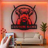 Décoration murale en métal Highland Cow | Enseigne LED personnalisée | Décor rustique sur mesure pour ferme et ranch | Cadeau d’accent maison pour les amoureux des vaches