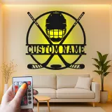 Cartel LED personalizado de jugador de hockey | Decoración mural de metal personalizada | Regalo deportivo para habitación infantil y cueva masculina