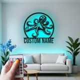 Décoration murale LED en métal pieuvre personnalisée | Plaque avec nom sur mesure | Déco nautique pour bureau et maison côtière | Cadeau pour amoureux de l’océan