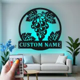 Cartel de viñedo con uvas personalizado | Decoración mural de metal con LED | Decoración para bodega y cocina | Regalo para amantes del vino