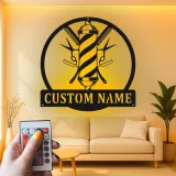 Décoration murale en métal personnalisée avec rétroéclairage LED en forme de poteau de barbier - Cadeau pour salon ou barbier