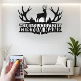 Insegna in metallo LED a forma di corna di cervo personalizzata - Regalo per nome di famiglia per decorazione rustica di cabin