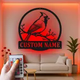 Décoration murale en métal personnalisée avec lumière LED en forme de cardinal - Cadeau pour amoureux de la nature - Décor de jardin ou de patio