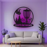 Décoration murale en métal LED personnalisée pour panier de disc golf - Cadeau pour les golfeurs