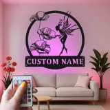 Insegna in metallo LED a forma di fata e fiori personalizzata - Regalo per amanti delle fate, decorazione incantevole per giardino