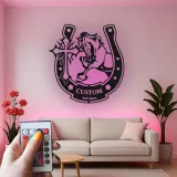 Custom Horse LED Metal Sign | Personalized Horseshoe Cross Wall Art | Equestrian Ranch Decor for Horse Lovers