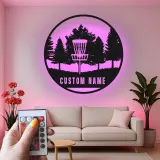 Décoration murale en métal personnalisée avec rétroéclairage LED pour panier de disc golf - Cadeau personnalisé pour passionnés de disc golf