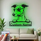 Cartel personalizado con nombre de galgo | Decoración mural de metal con LED | Decoración personalizada para mascotas en la entrada | Regalo para amantes de los perros