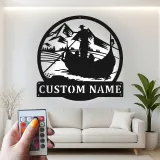 Insegna in metallo personalizzata per pesca con LED | Arte da parete con nome su misura per casa al lago e baita | Regalo originale per pescatore
