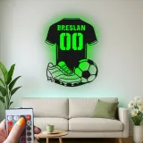 Insegna LED a forma di maglia di calcio personalizzata | Arte murale in metallo per camera di giocatore | Regalo per tifosi di calcio con nome e numero